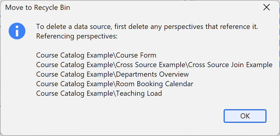 Warning dialog shown when trying to delete a data source with dependencies still existing.