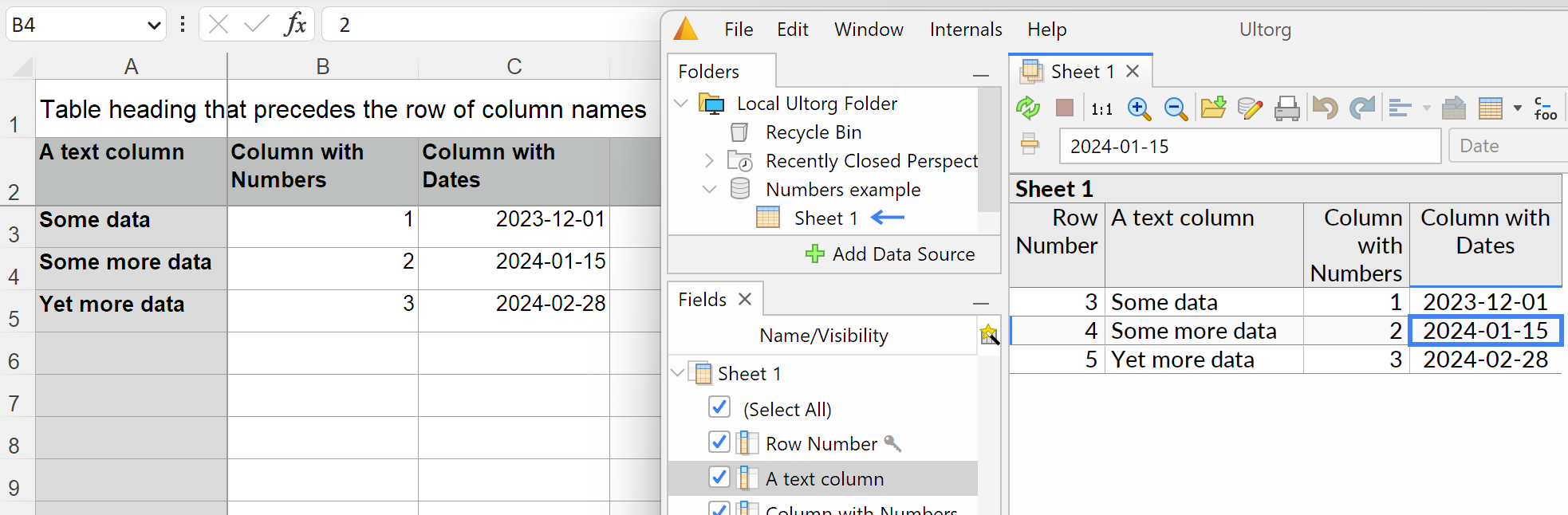 Screenshot showing Ultorg connecting to an Excel sheet that has the row of column names on the second row, auto-detected via the Freeze Pane setting.