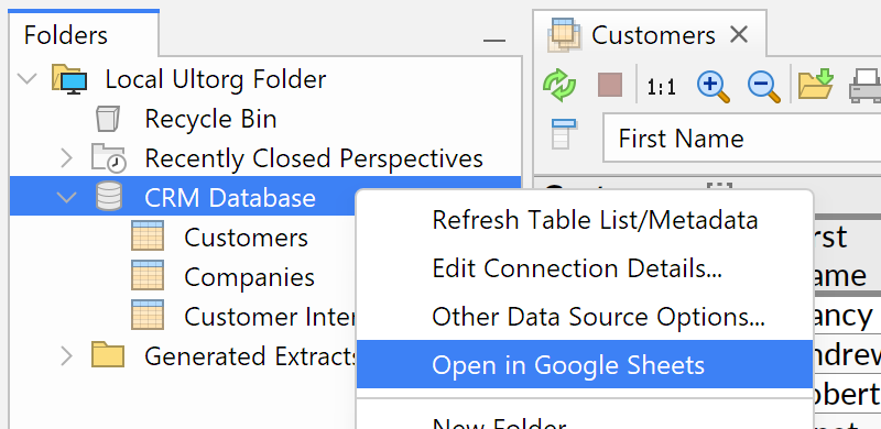 [The Open in Google Sheets action in the data source context menu.]