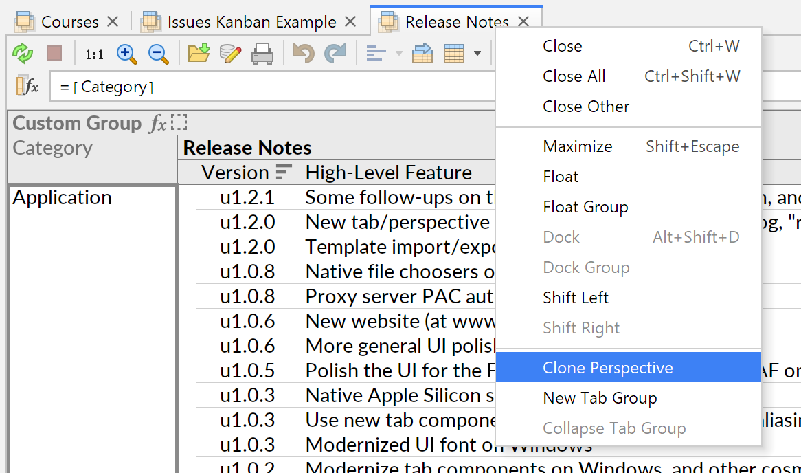 Screenshot of the Clone Perspective action in the tab context menu.