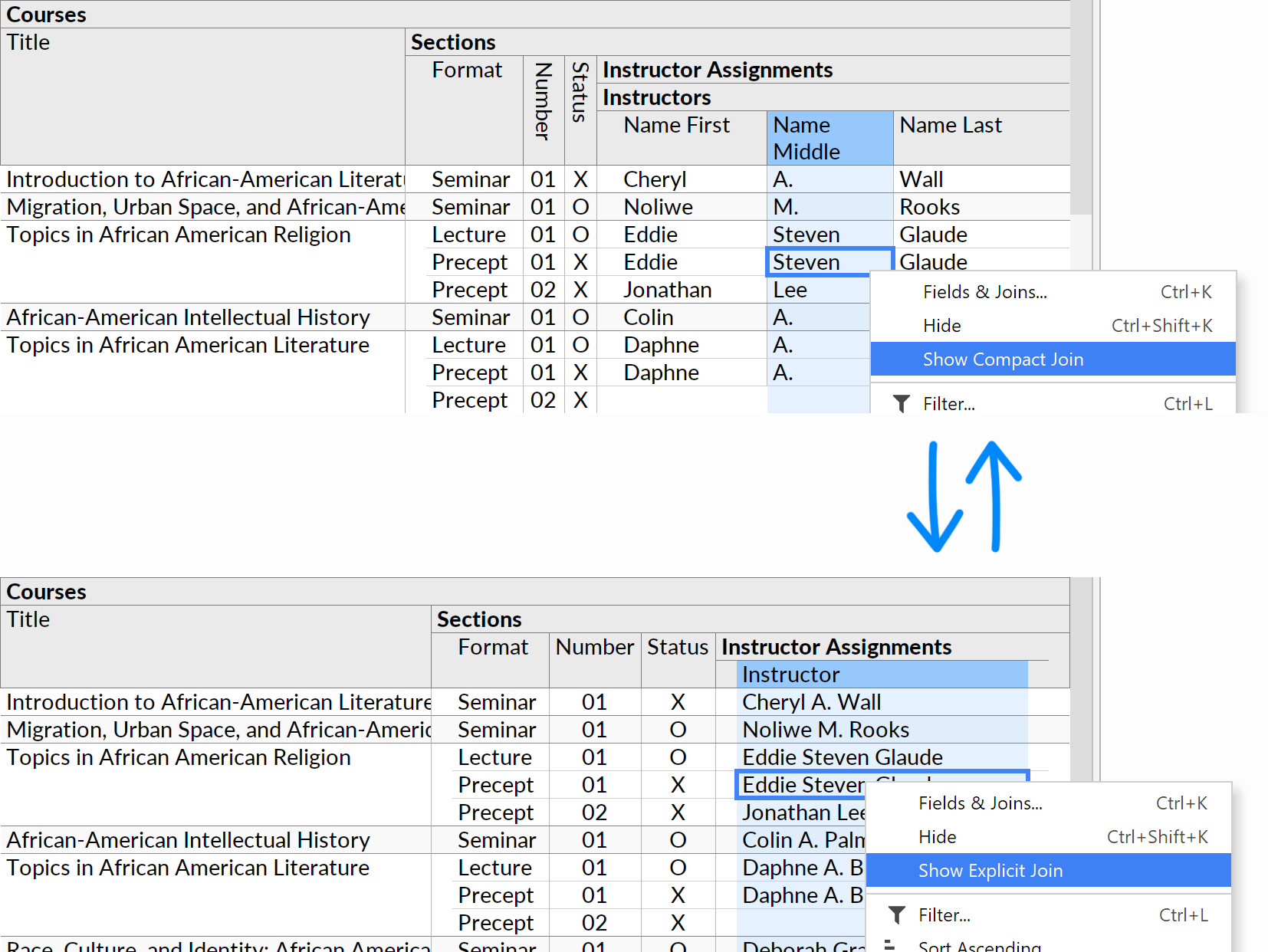 The Show Explicit Join/Show Compact Join action.