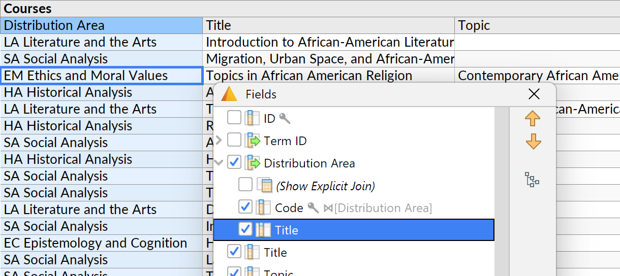 Checkboxes in the field selector, used to select fields for a compact join.