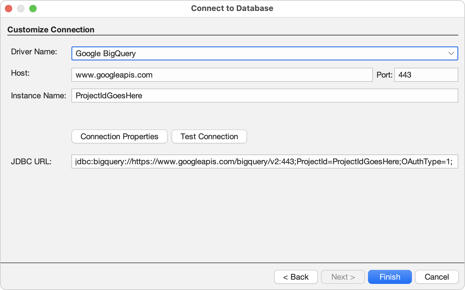 Database connection settings for Google BigQuery.