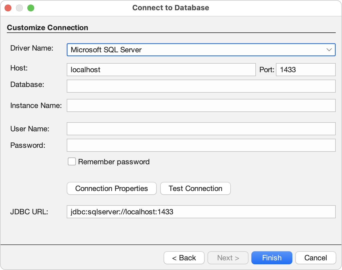 Database connection settings for Microsoft SQL Server.