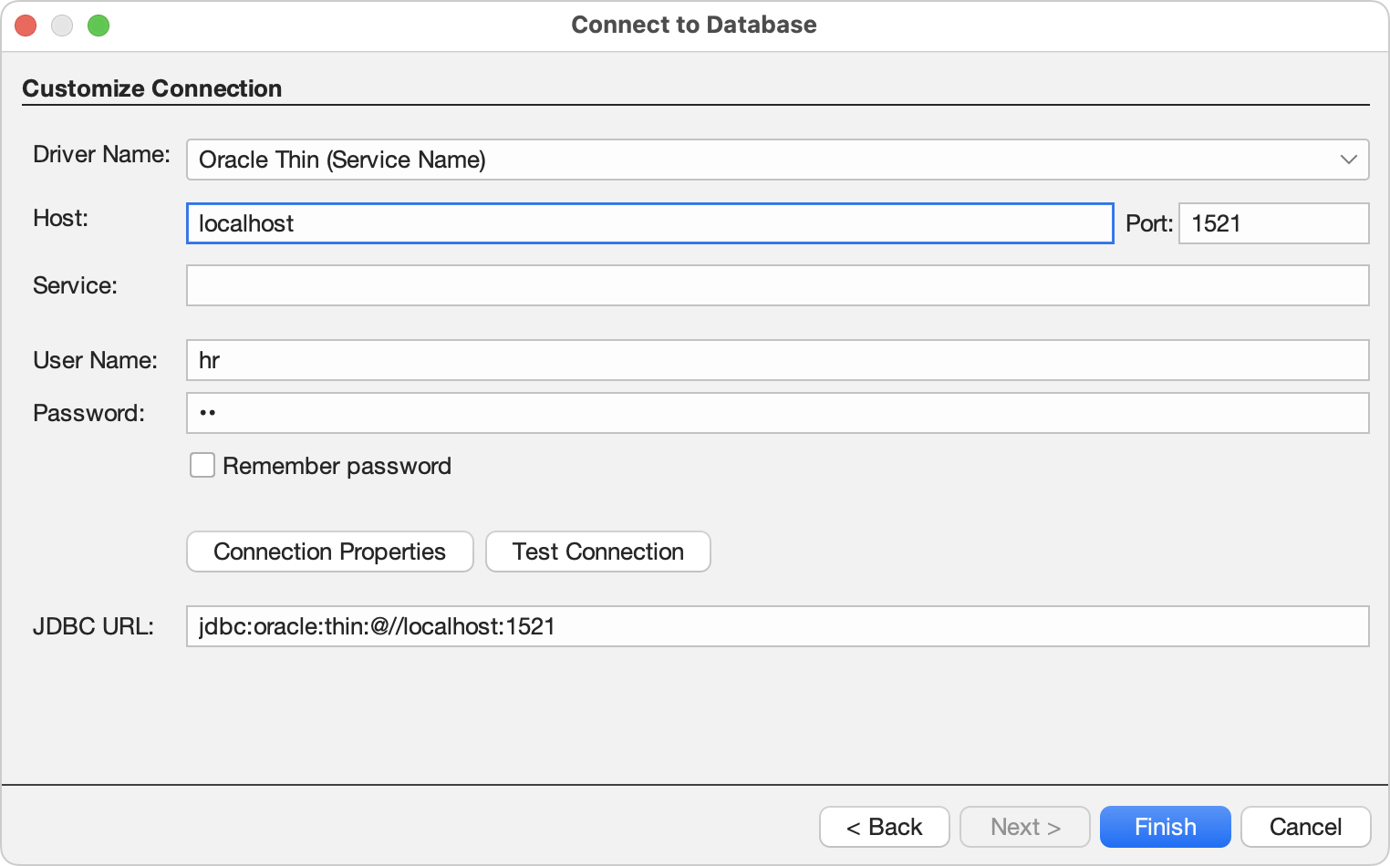 Database connection settings for Oracle.