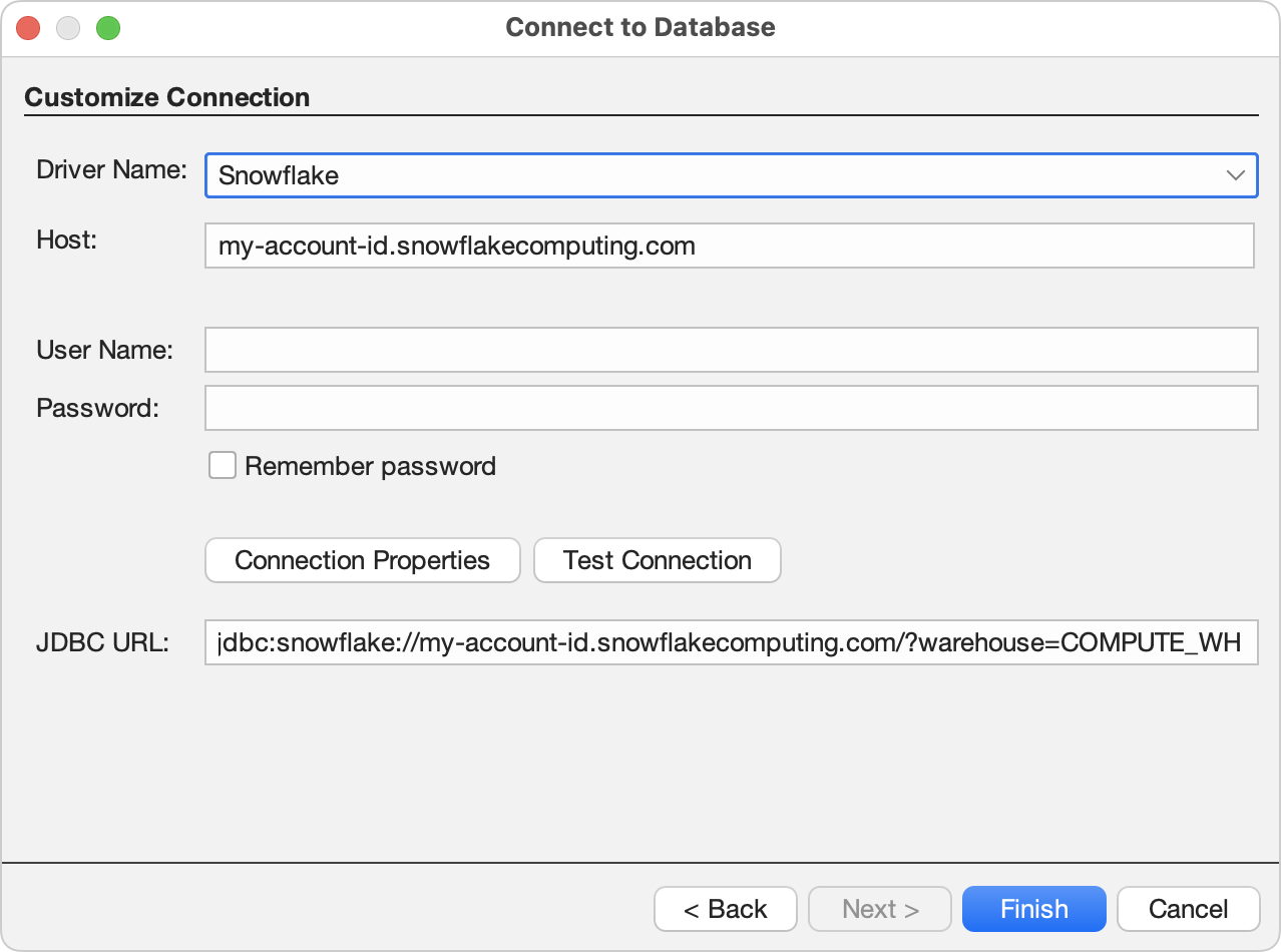 Database connection settings for Snowflake.