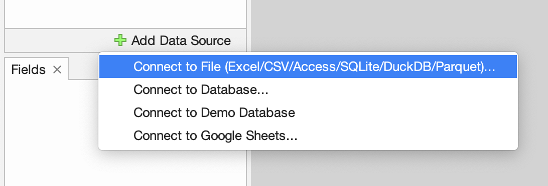 The Connect to File action in the dropdown menu of the Add Data Source button.