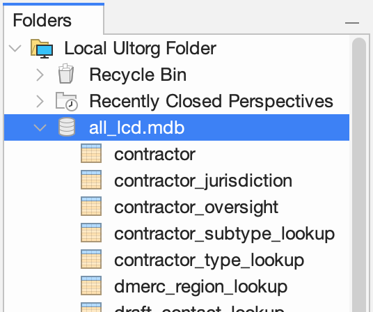 A Microsoft Access file data source in the Folders sidebar, tables listed underneath.