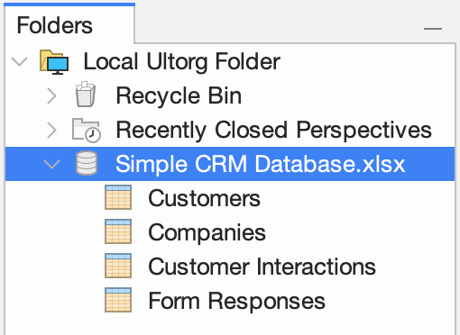 An Excel file data source in the Folders sidebar, with worksheets listed as tables underneath.