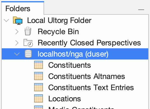 A data source in the Folders sidebar, with tables listed underneath.