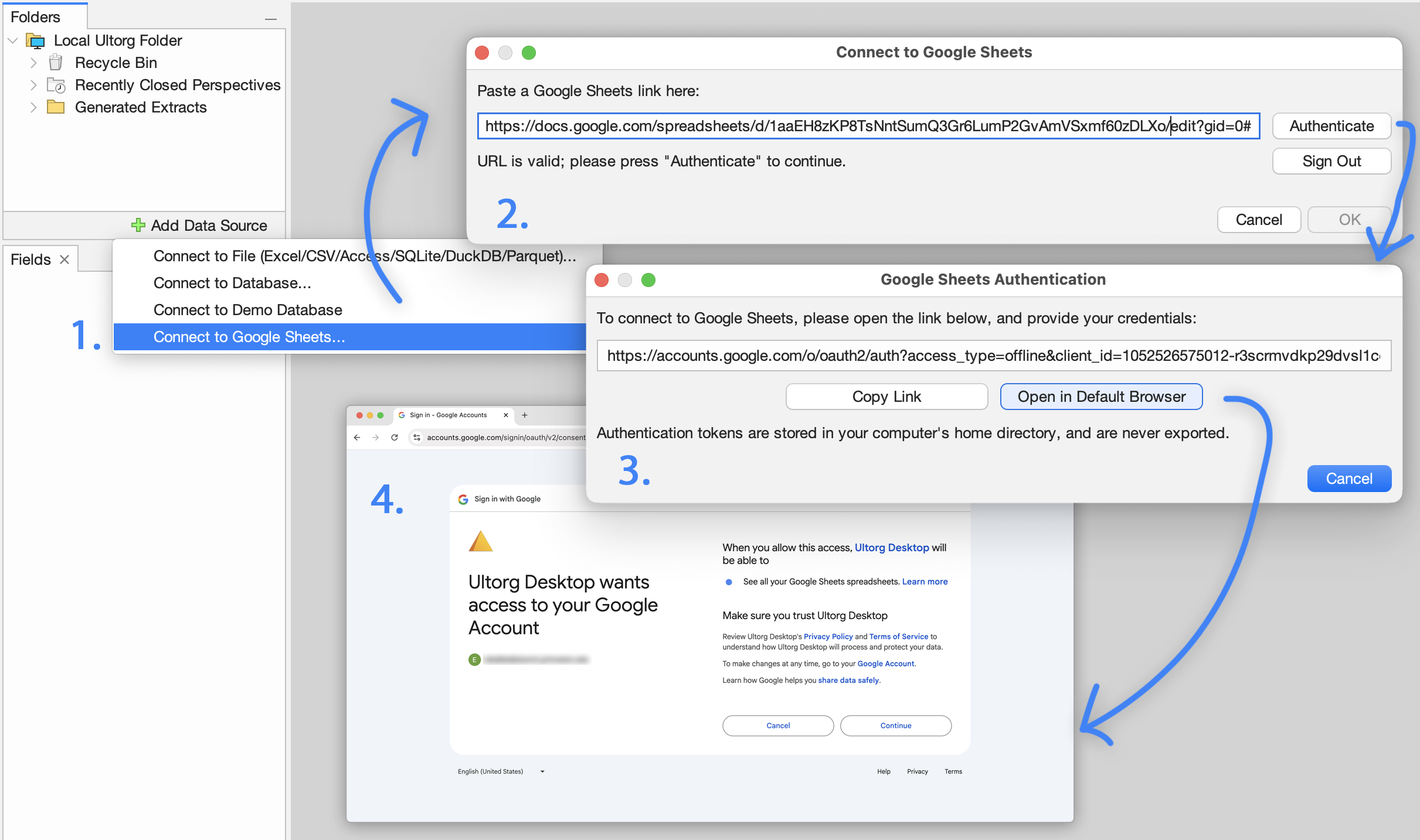 Connecting to Google Sheets, including authentication steps.