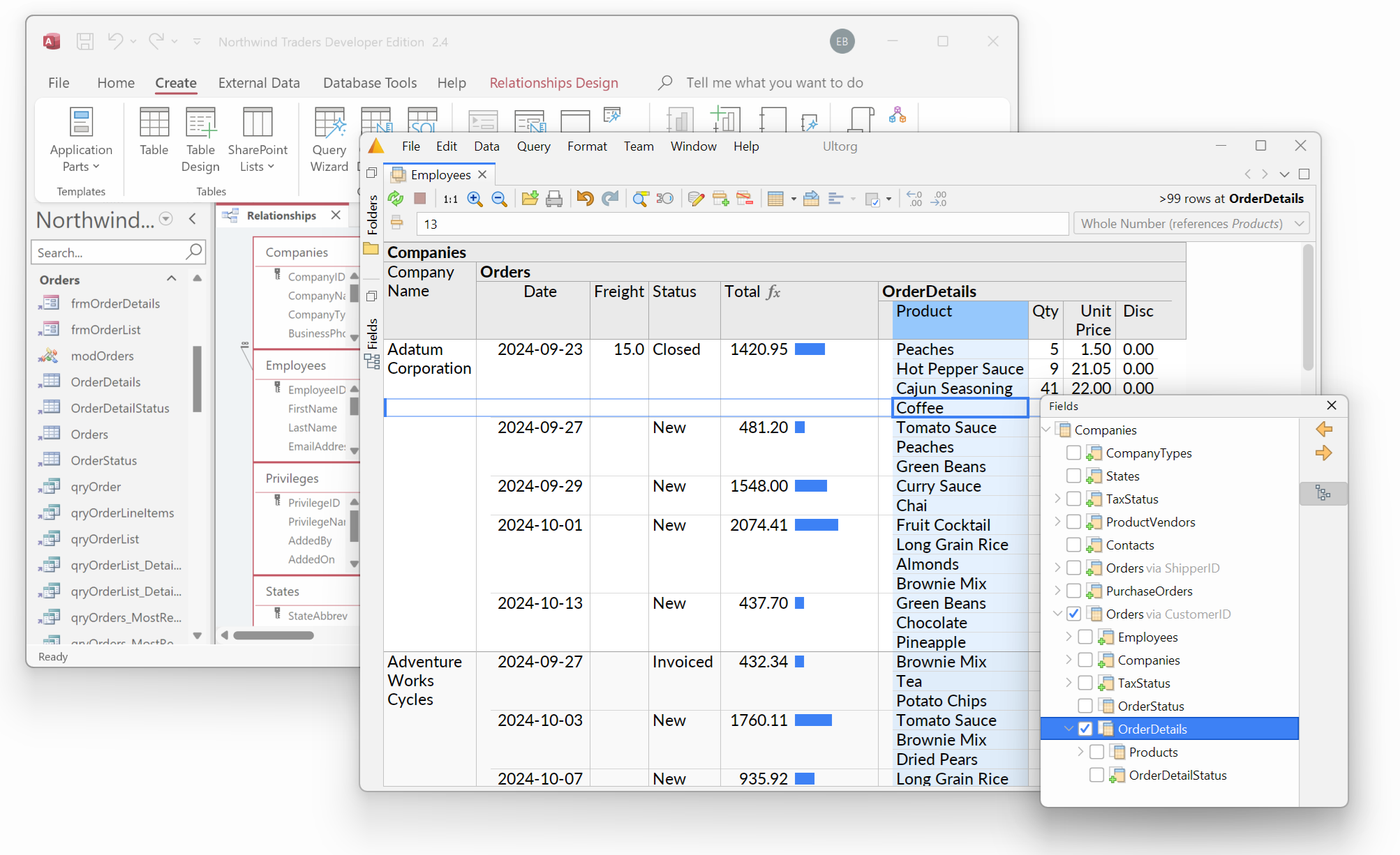 Ultorg and Microsoft Access, with the Northwind Developer Edition dataset opened.