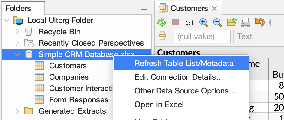 The Refresh Table List/Metadata action in the data source context menu.