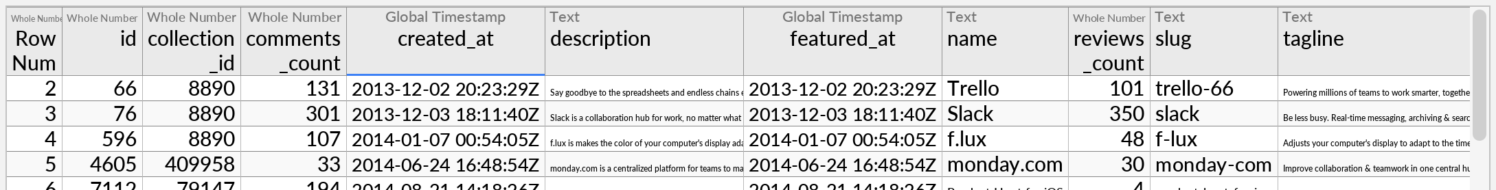 The table header of the text file connection preview, showing the detected data type of each column.