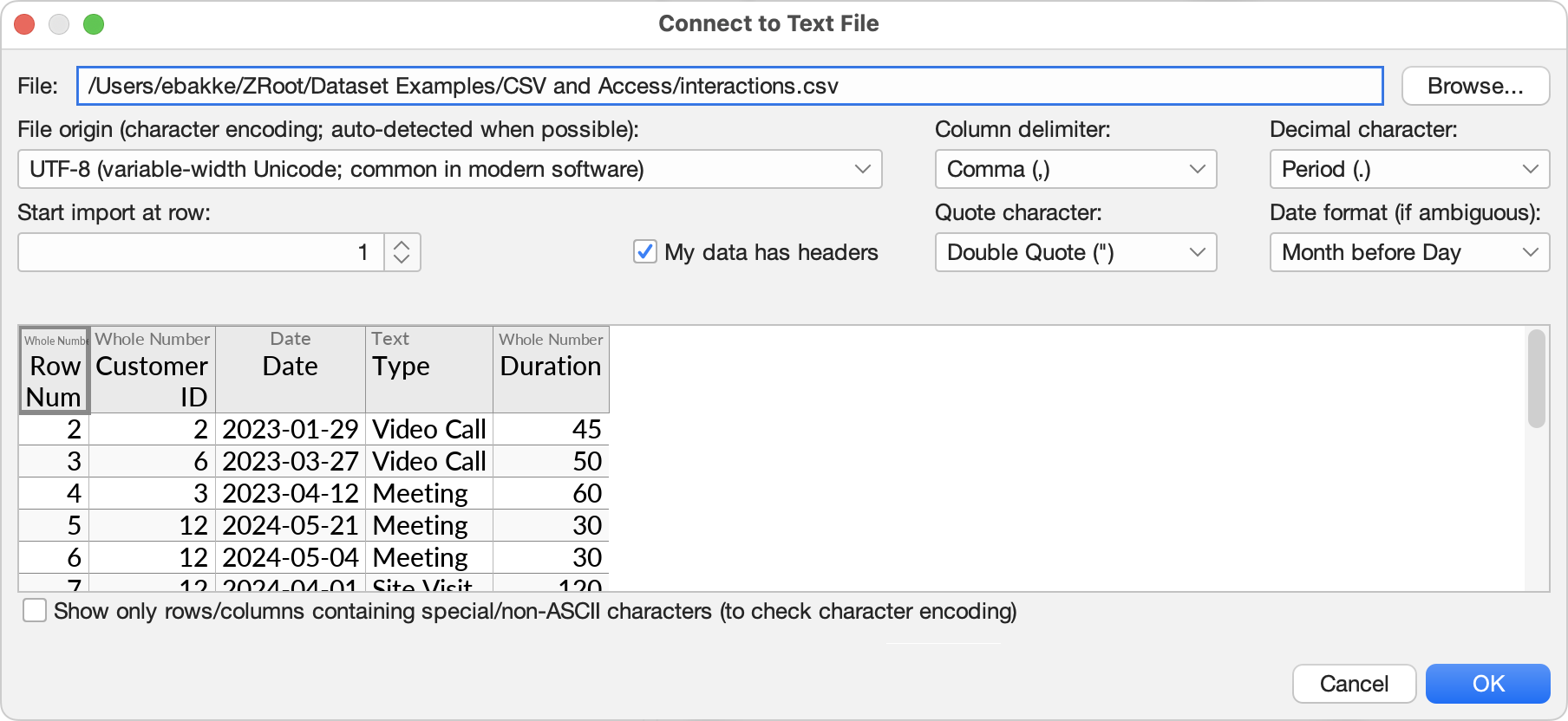 The Connect to Text File dialog, with associated options and a preview of the file to be imported.