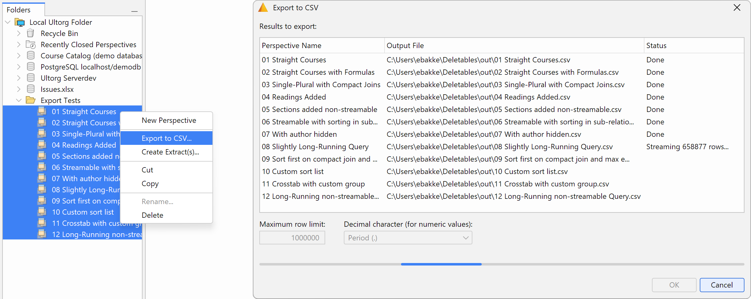 Screenshot showing the Export to CSV dialog.