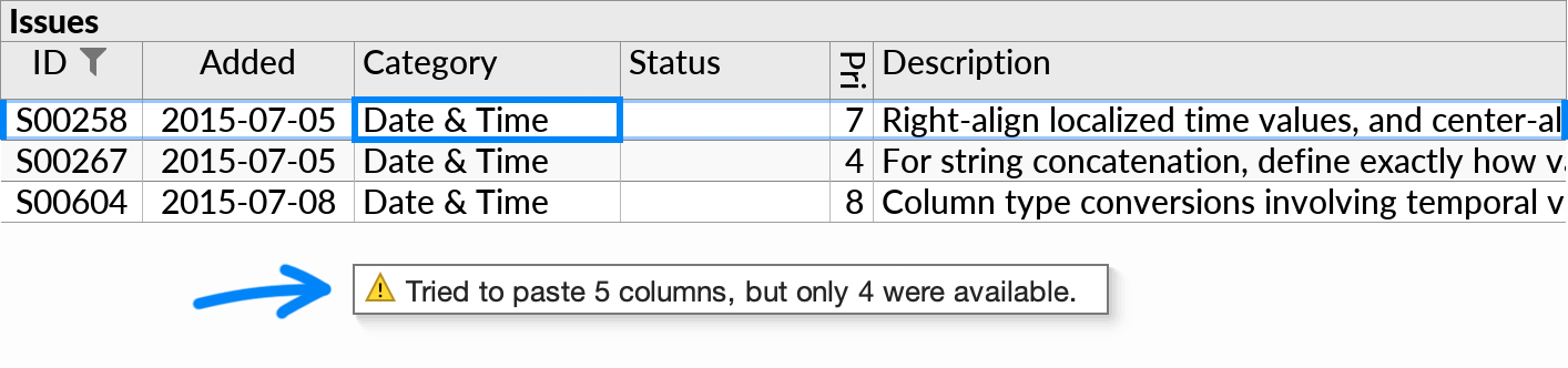 The warning tooltip that is shown if the user tries to paste records with columns that do not match the target perspective relative to the current position of the cell cursor.