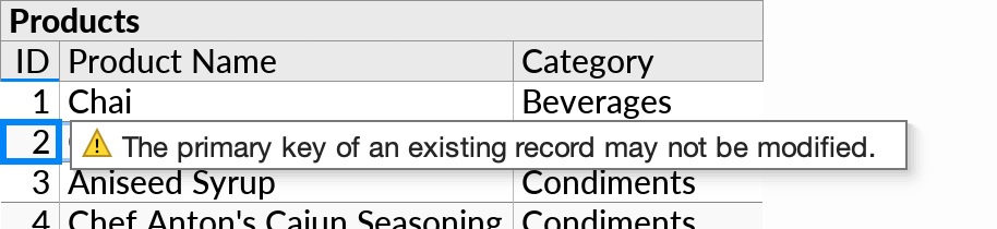 A warning tooltip shown next to the cell cursor, indicating that 'The primary key of an existing record may not be modified'. This is an example of an error that may occur when the user attempts certain data edits.