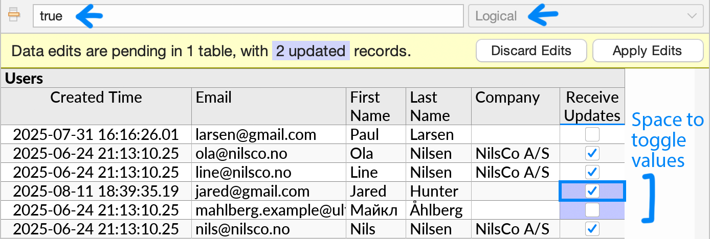 True/false values in a database table being displayed and edited as checkboxes.