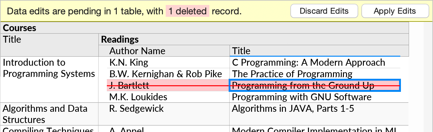 A perspective with a deleted record in a subquery. A red strikethrough indication is shown for the deleted record.