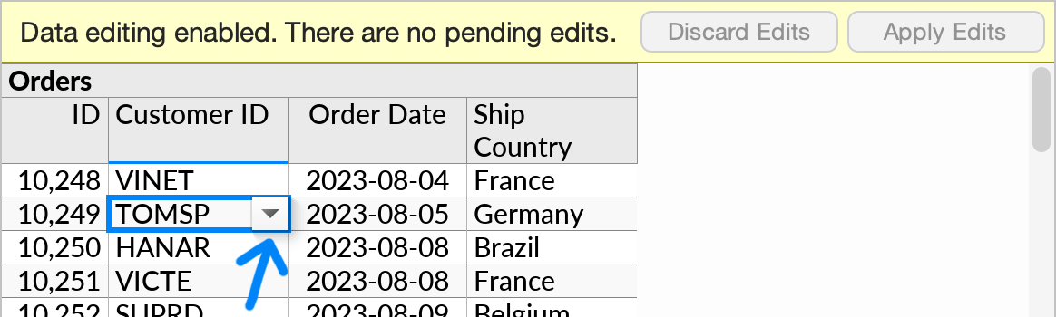 The dropdown button shown for reference editing in Data Editing mode.