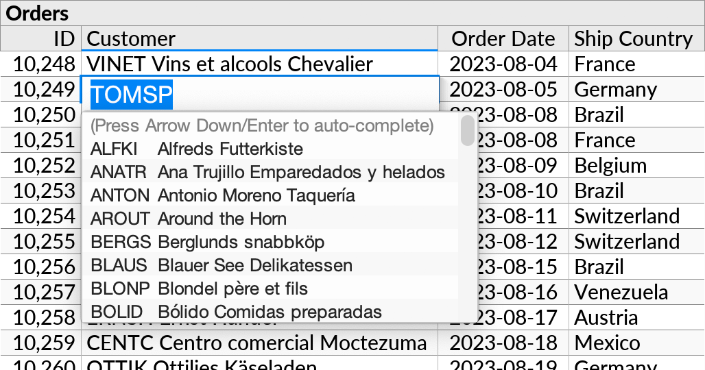 The dropdown menu for foreign key editing, now with the Company Name field visible for display purposes.