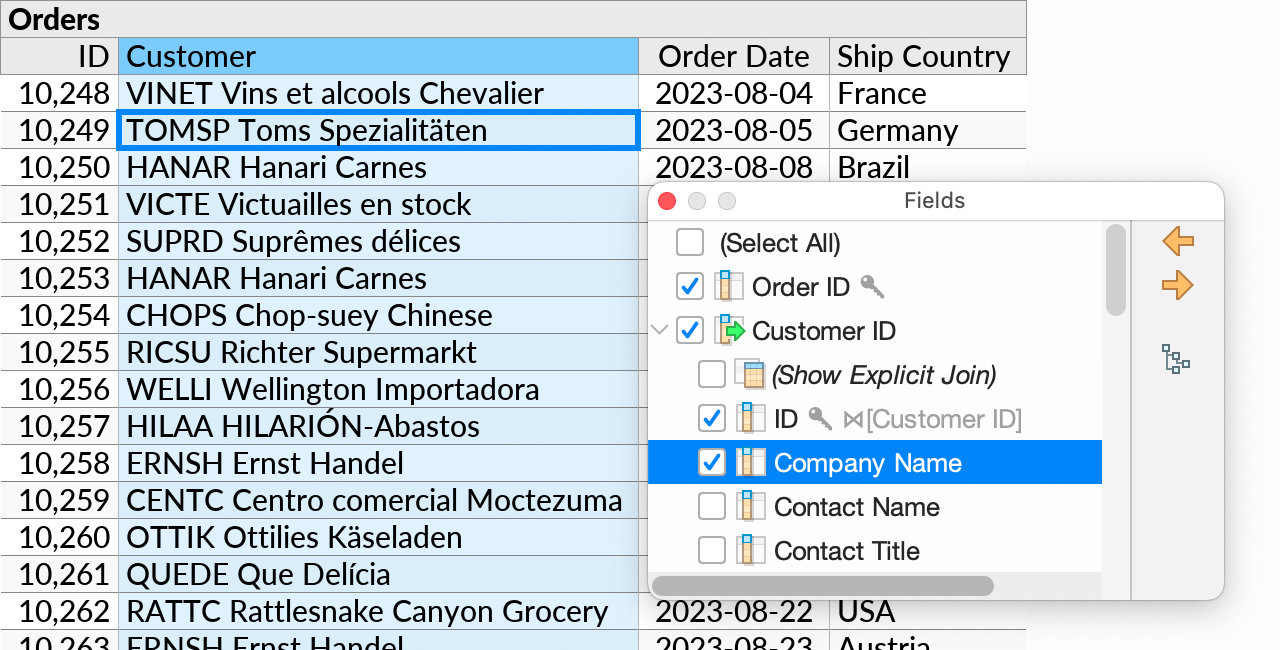 The field selector open on the 'Customer ID' field, with the fields 'Customer ID' and 'Company Name' from the referenced Customers table both made visible for display purposes.