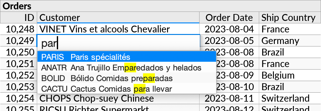 The dropdown menu for foreign key editing, now with a search term entered to limit the available options. Occurrences of the search term are highlighted in yellow within each displayed option.