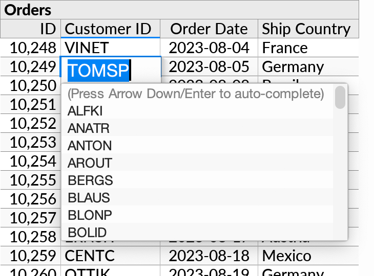 The dropdown menu that is available when editing a foreign key value.