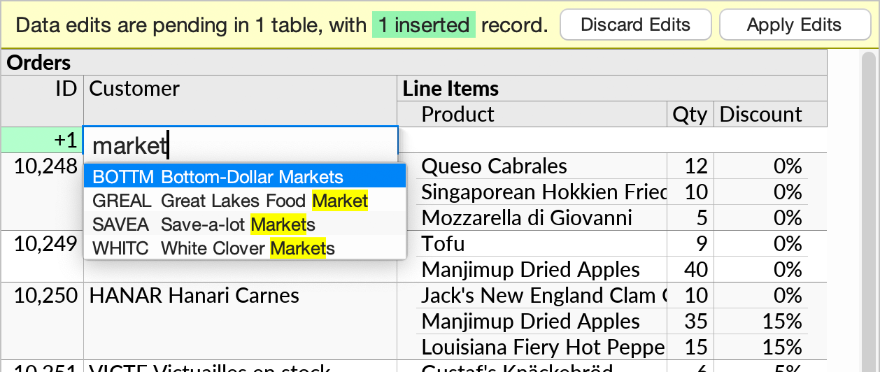 A perspective showing Orders and Line Items, in Data Editing mode, with a new row inserted under Orders and the Customer being selected from the dropdown list. The Customer field is displayed as a compact join, with two fields selected for display.