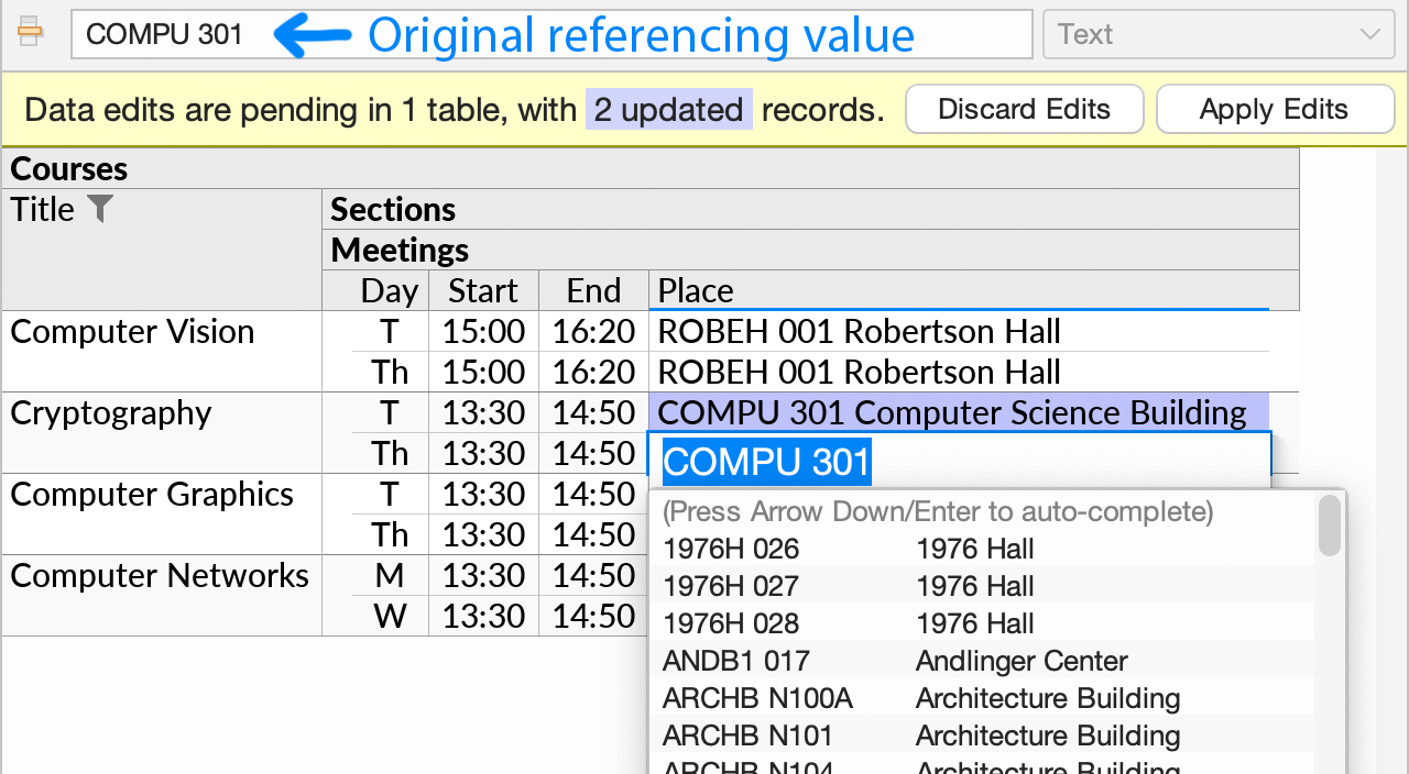Editing a cell displayed with the compact join format. The formula bar and inplace cell editor shows the original underlying value, while a dropdown menu shows available rows from the referenced table, with fields selected for display.