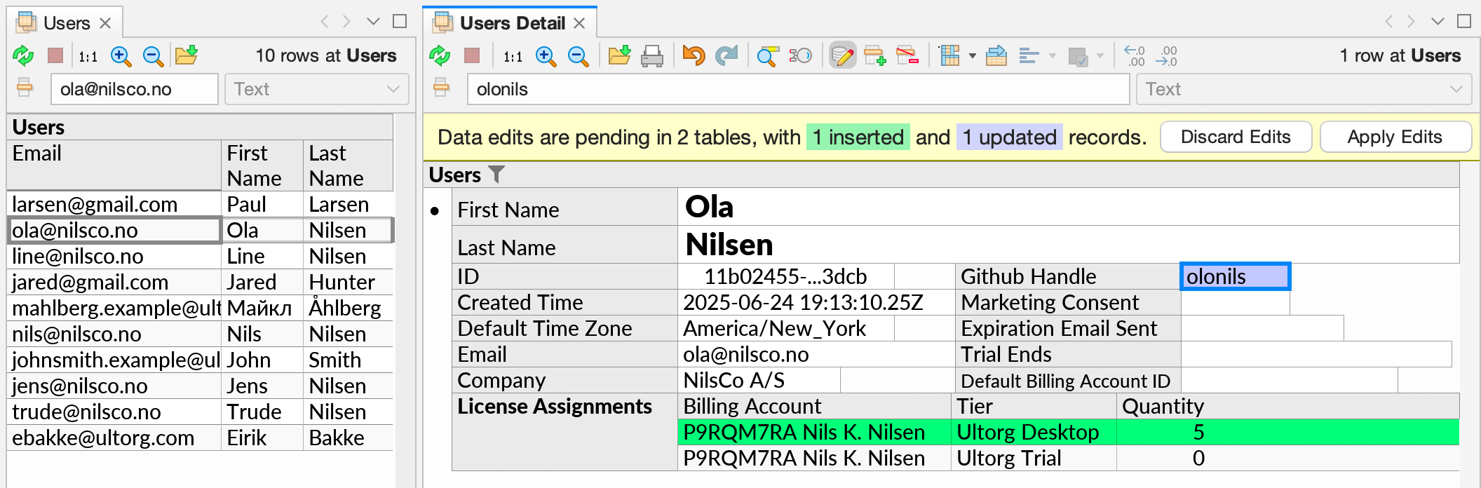 A form layout, opened with the Open Details action, with some pending edits.