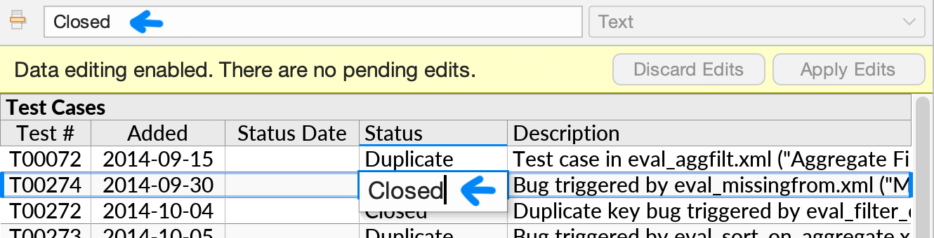 A simple text value being edited, with the value visible in both the formula bar and the inplace cell editor.