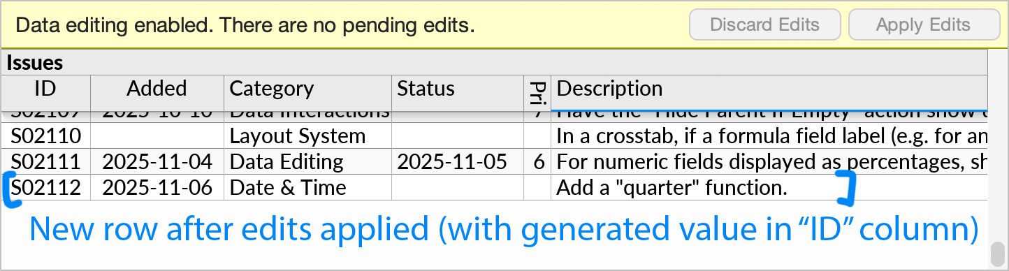 The example from the previous figure continued, after Applied Edits has been invoked. The freshly inserted row can now be seen at the very end of the database table.