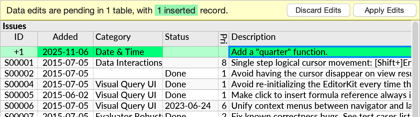 The example from the previous figure continued, with some values now entered in the record to be inserted. Explicitly defined values are shown in a strong shade of green.
