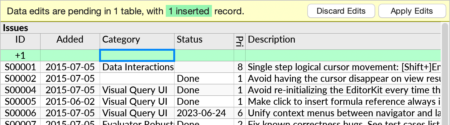 A pending insert in a simple perspective showing a single table from a database. No values have been entered yet in the new row. A '+1' indication is shown for the primary key field 'ID', indicating that a value may be auto-generated if not explicitly specified.