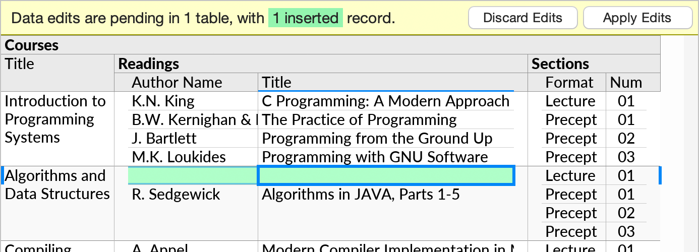A perspective that has a single pending inserted record under the Readings subquery, with no values yet entered in the inserted record. The Data Editing mode status bar is visible.