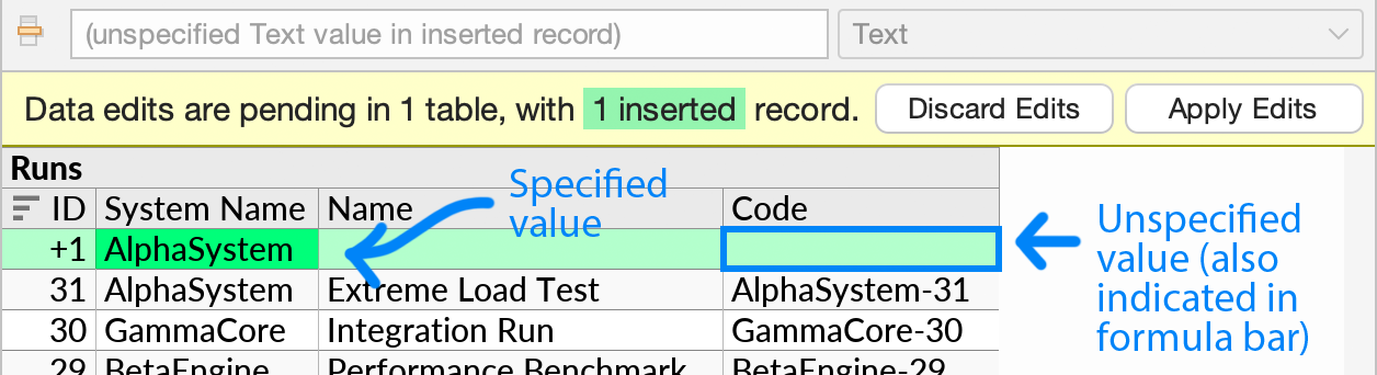 An inserted row with one specified value and several unspecified ones. The cell with a specified value is shown in a stronger shade of green. The cell cursor is on a cell with an unspecified value, which is shown in a lighter green, and with an explanatory message in the formula bar in grey. The indications are subtle, though the user does not usually need to pay too much attention to them.