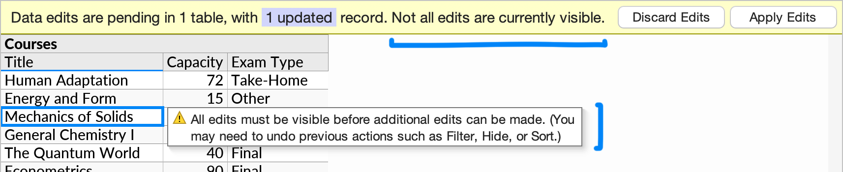 The 'Not all edits are currently visible' indication, shown in the data editing status bar as well as the tooltip that is shown if the user attempts to make further edits while in this state.'