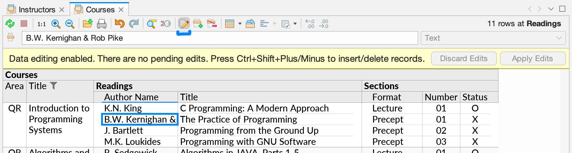 The data editing status bar, as shown when there are no pending edits. The toolbar button for data editing mode is also visible.