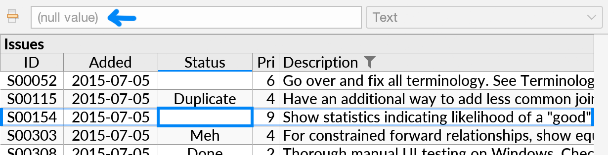 The 'null value' indication in the formula bar.
