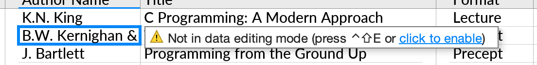 The tooltip that is shown if the user attempts to type into a value cell while Data Editing mode is not enabled.