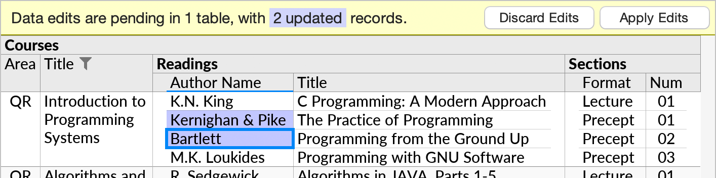 A perspective with two primitive values edited. The data editing status bar indicates that there are pending edits to two records in the database.