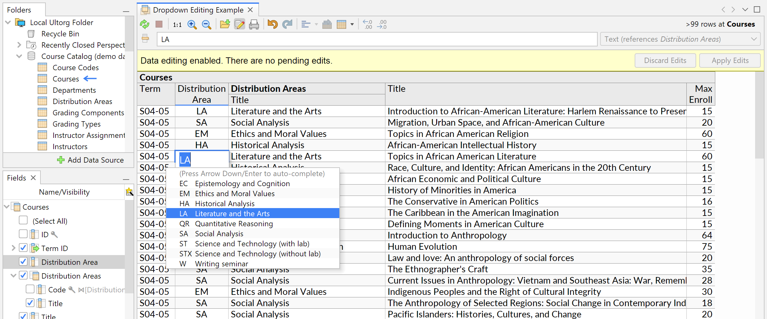 Screenshot showing the dropdown auto-complete feature when editing a foreign key value.