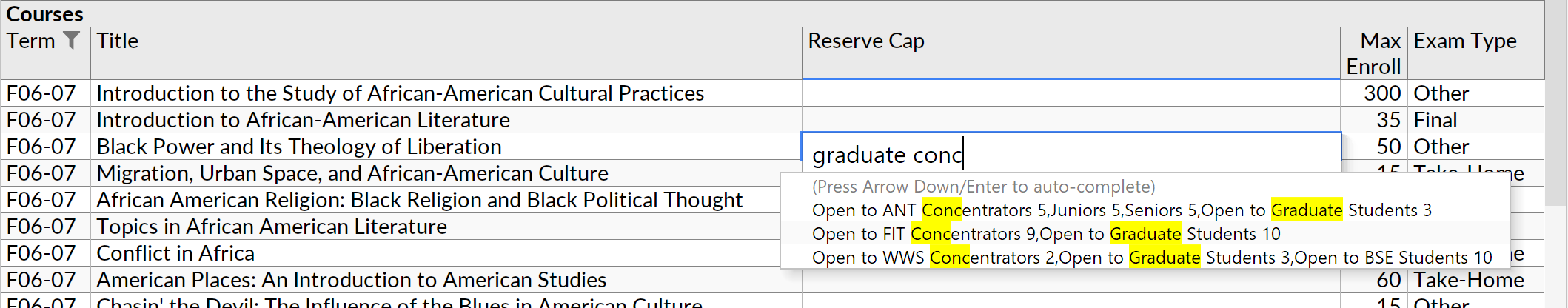 Screenshot showing text search in the dropdown list, on a regular text field.