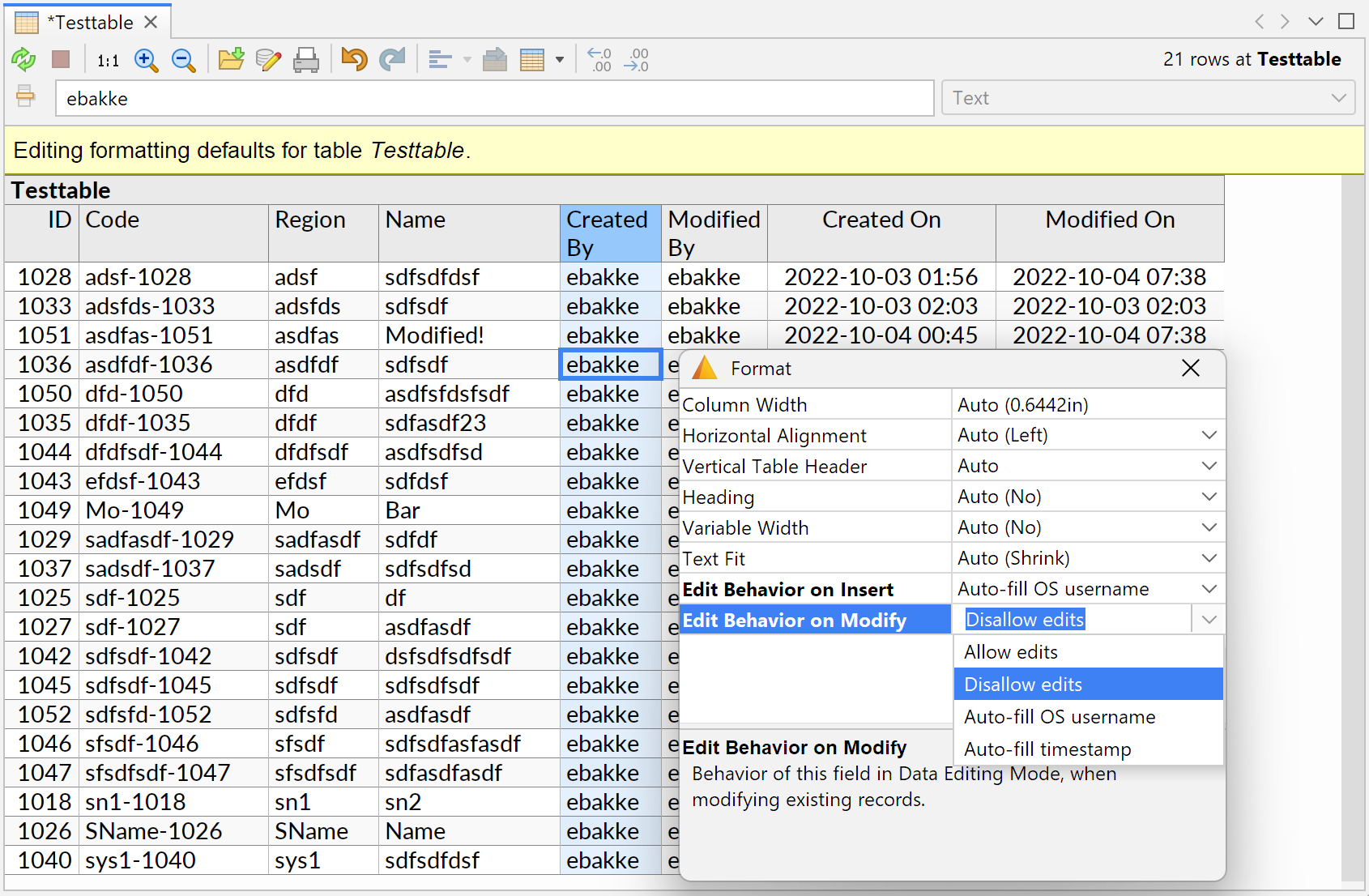 Screenshot showing the Edit Behavior properties being edited