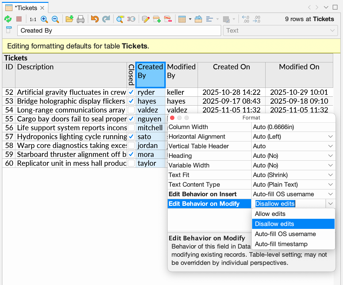 The Edit Behavior settings being modified in the Edit Table Defaults mode. The example table shows fields such as 'Created By', 'Modified By', 'Created On', and 'Modified On', which can each be configured to behave according to their name.