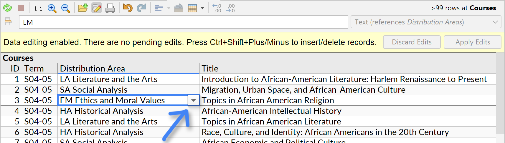 Screenshot showing the reference editing dropdown button in Data Editing mode.