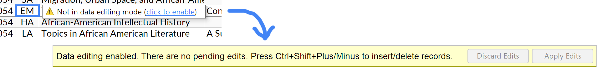 Screenshot showing edit mode tooltip and status bar