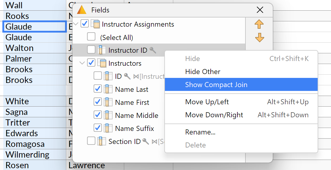 Screenshot showing the right-click context menu on a field in the field selector popup.